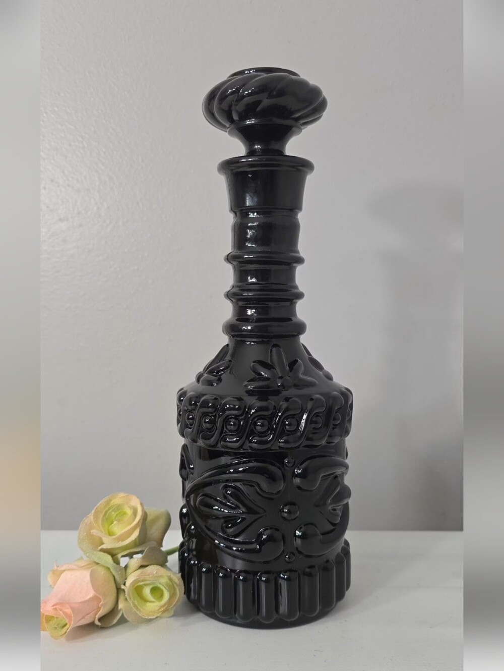 Black Jim Beam Decorative Glass Decanter with Ornate Design.